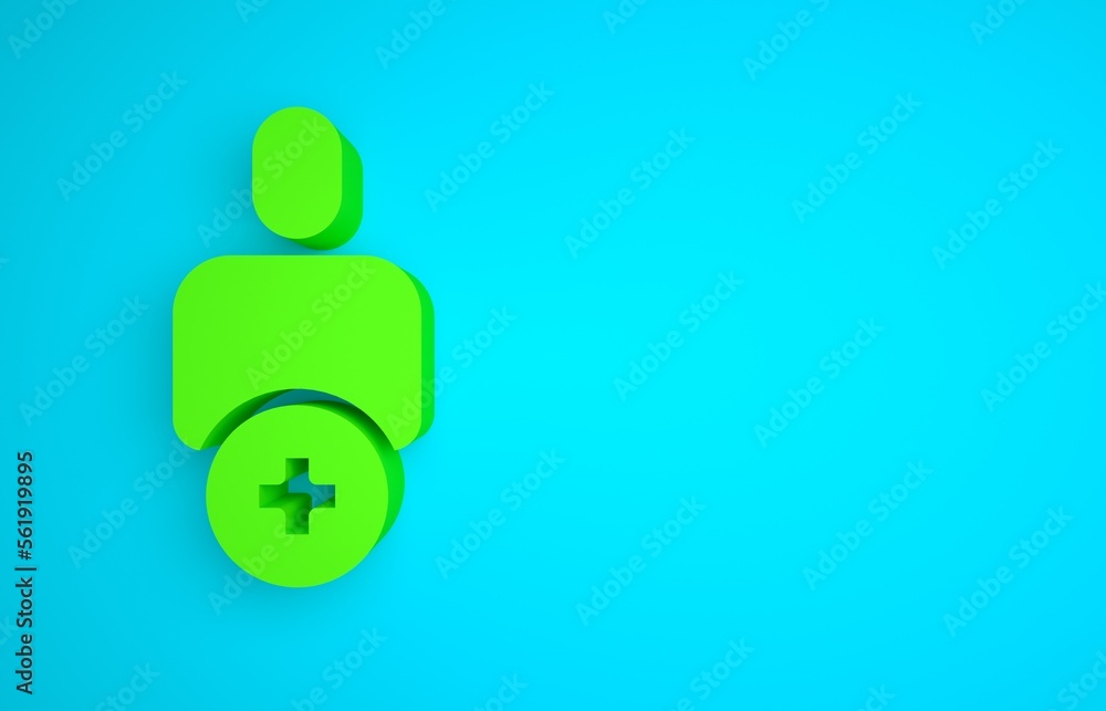 Green Add to friend icon isolated on blue background. Minimalism concept. 3D render illustration