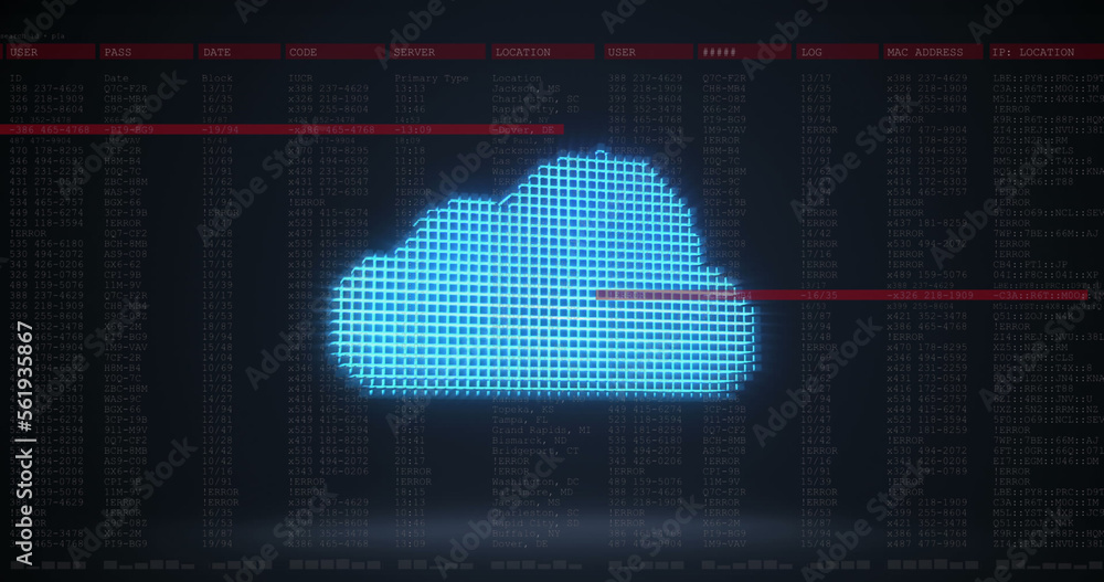 Image of digital arrow and data processing over grid on black background