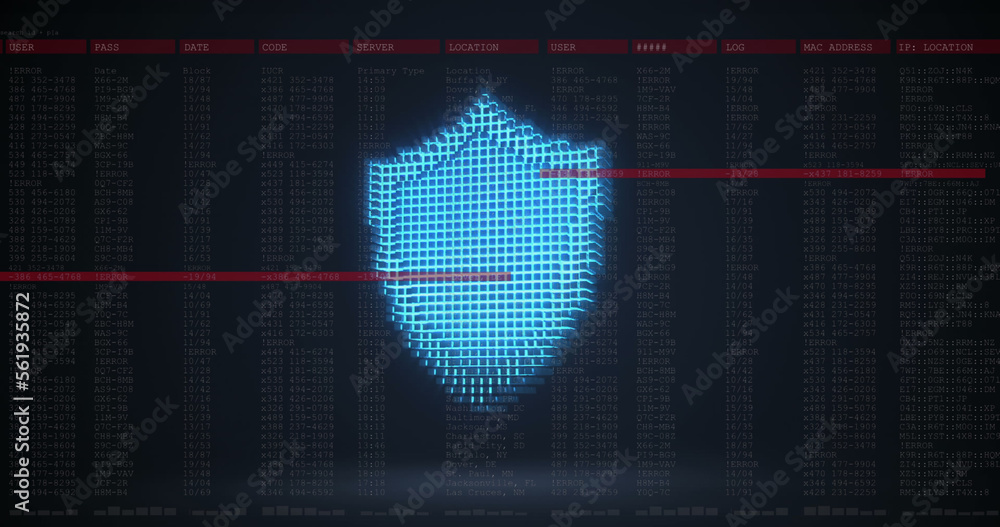 Image of online security shield and data processing on dark background