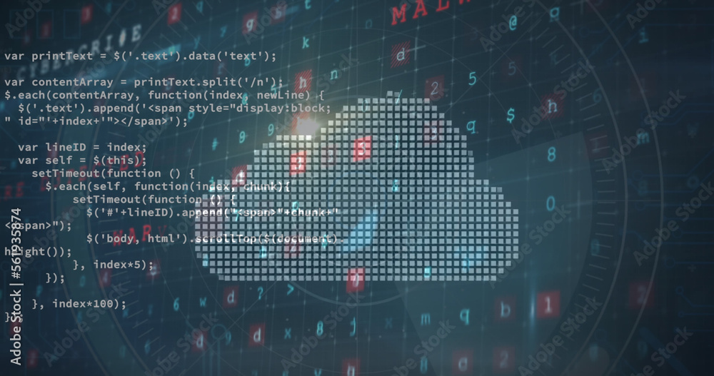 Image of digital cloud and data processing on dark background