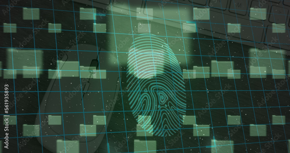 Image of biometric fingerprint and folders data processing on dark background