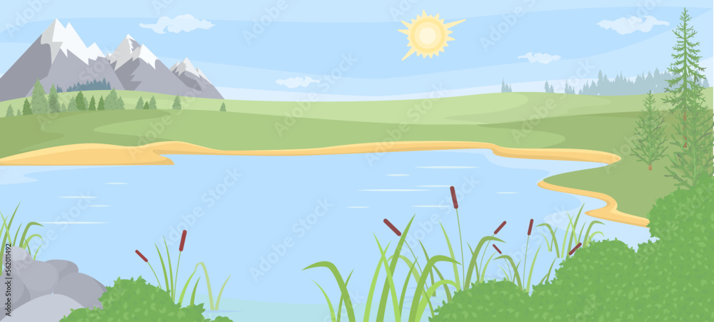 Mountain lake view vector nature background