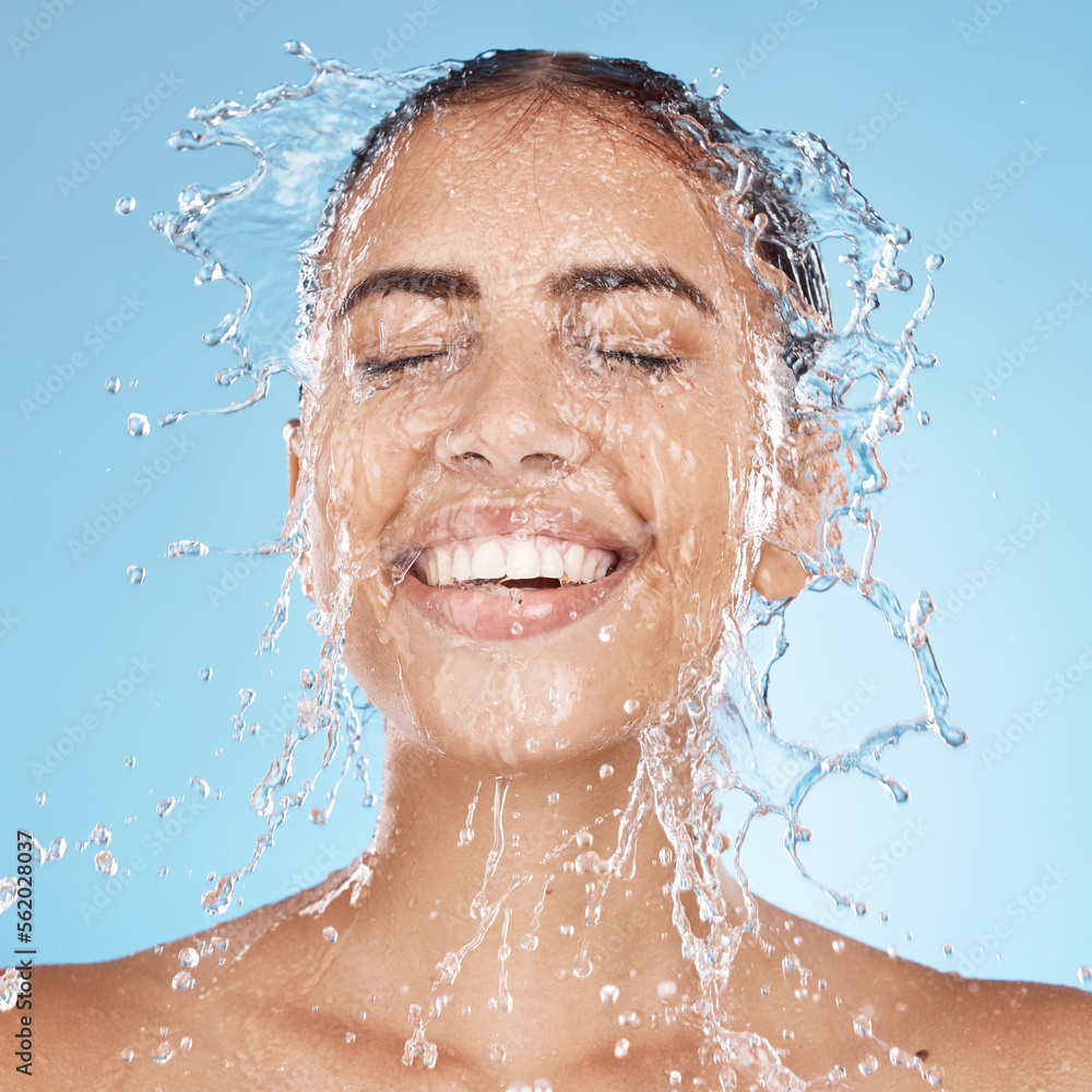 Laughing woman, washing face or water splash skincare in relax healthcare wellness or grooming hygie