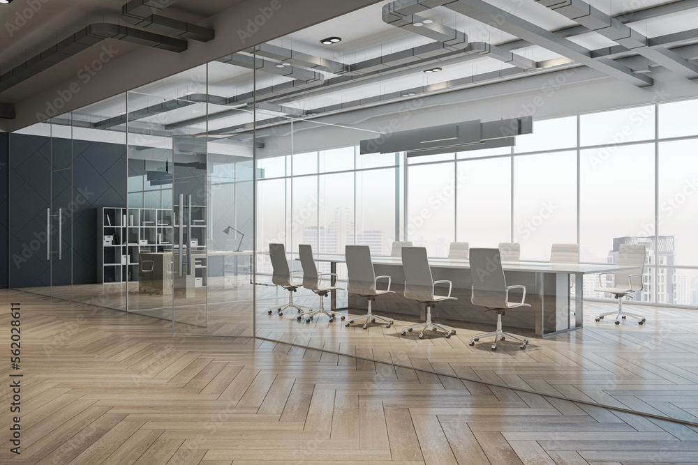 Perspective view on stylish spacious meeting room with white furniture and city view background from