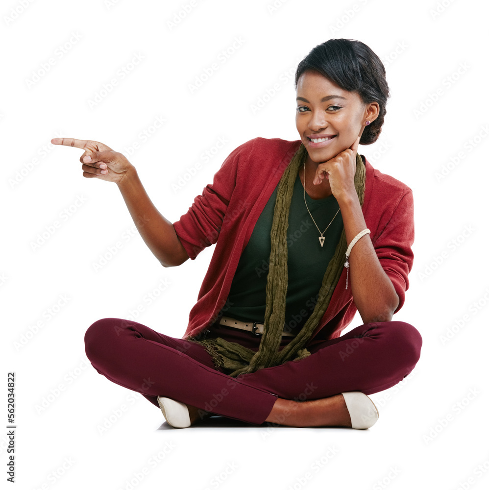 Black woman, smile portrait and pointing finger, relax sitting isolated in white background for adve