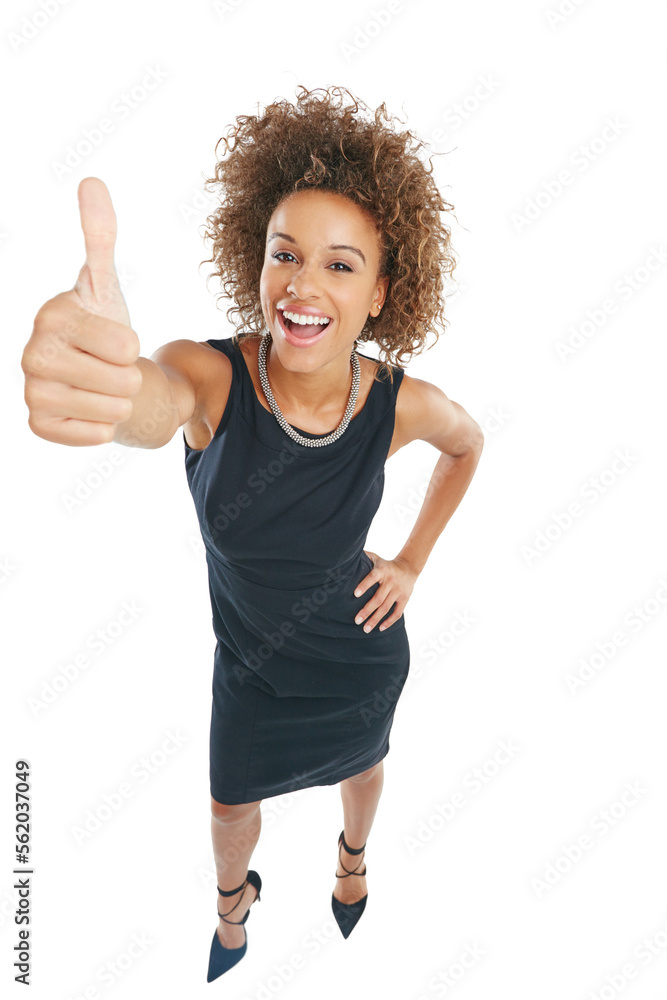 Business woman and thumbs up for success portrait with proud smile and vote in corporate style. Yes,