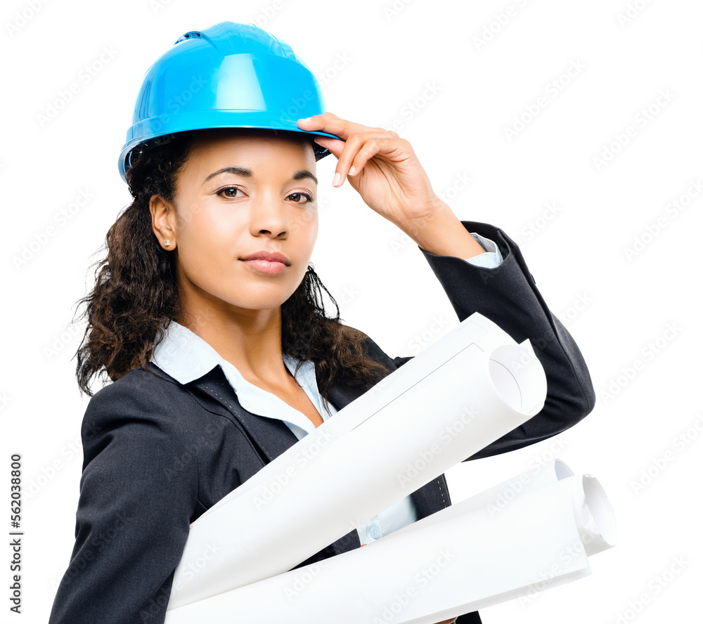 PNG of a young african businesswoman working in construction isolated on a PNG background.