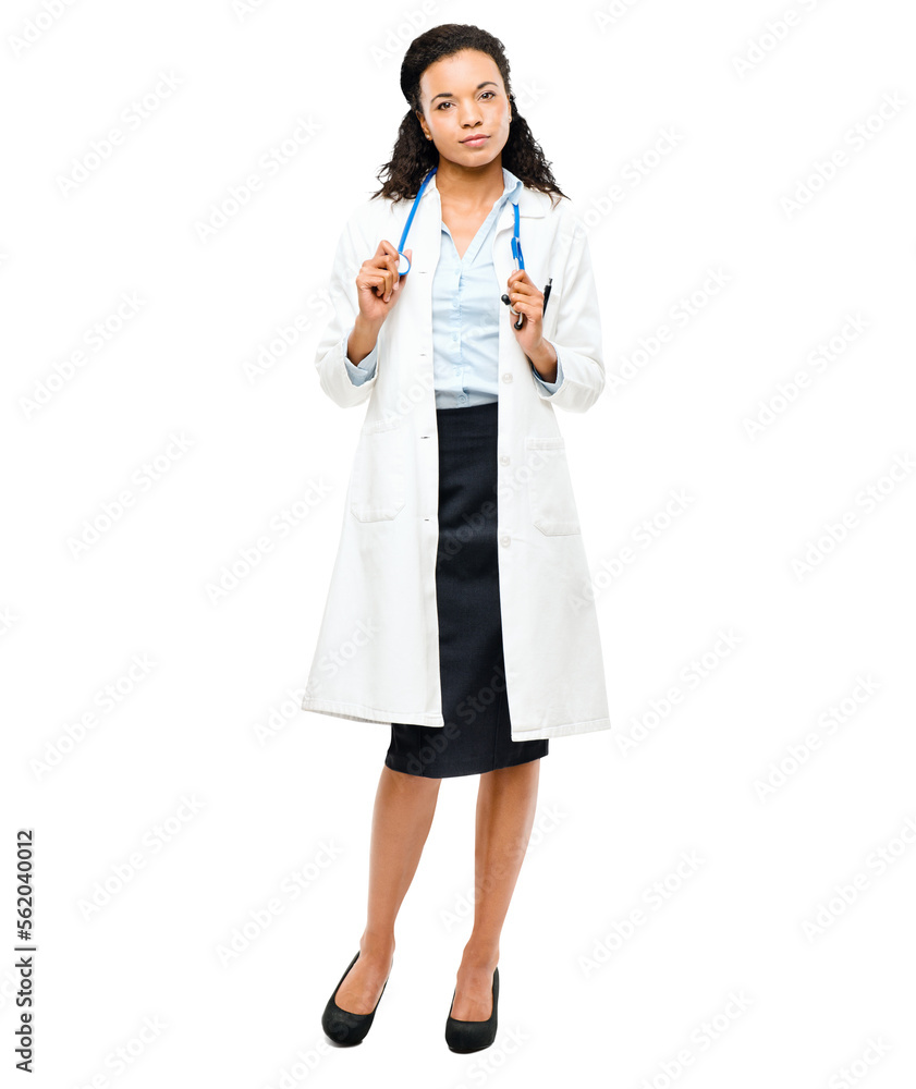 PNG of a young african female doctor isolated on a PNG background.