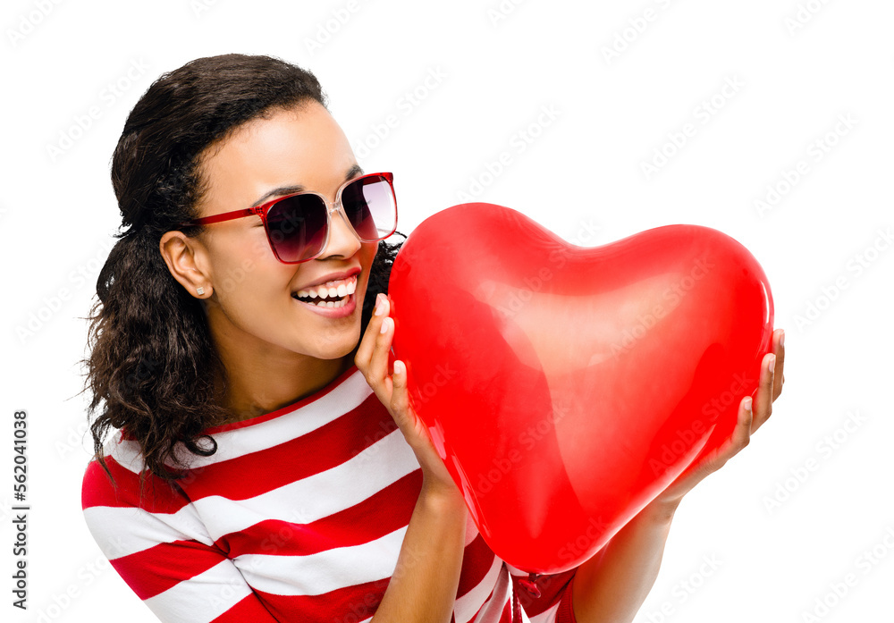 PNG of a young woman holding a heart shaped balloon isolated on a PNG background.