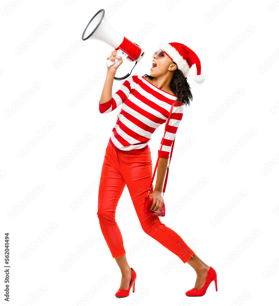 PNG Shot of a young woman wearing a christmas hat holding a megaphone posing isolated on a PNG backg