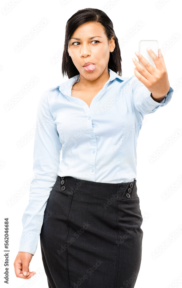 PNG of a young businesswoman taking selfies while sticking out her tongue isolated on a PNG backgrou