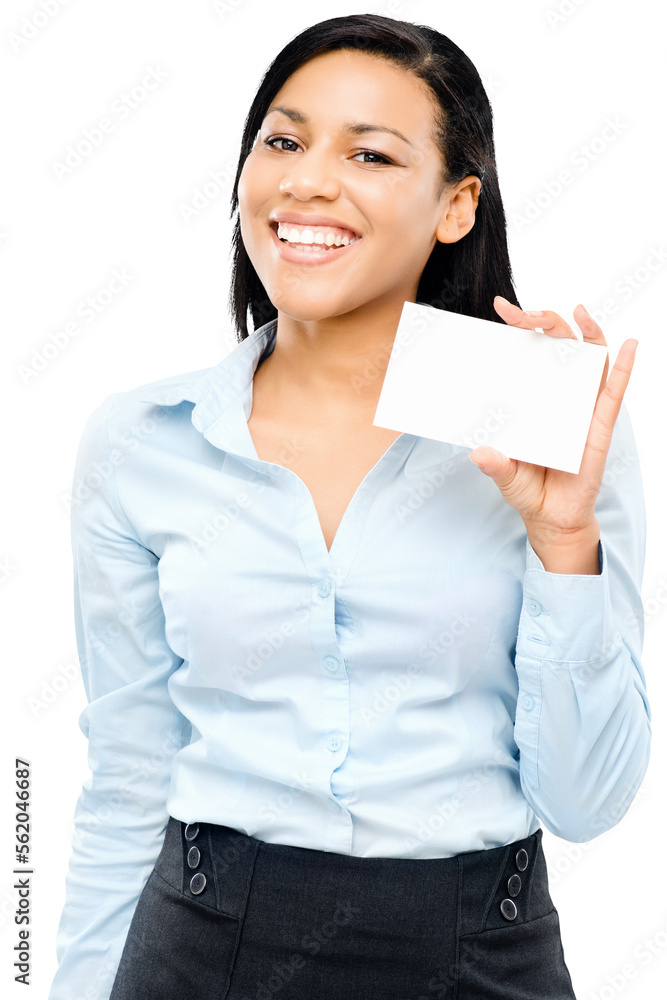 PNG of a young ethnic businesswoman holding up a business card isolated on a PNG background.