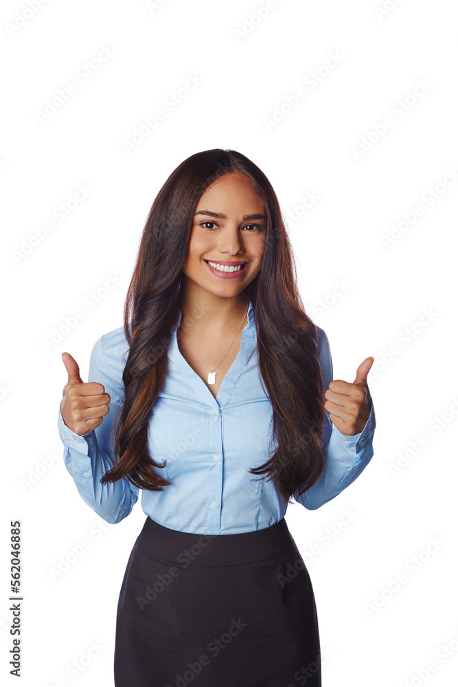 Business woman, smile and thumbs up for discount, deal or winning against white studio background. P