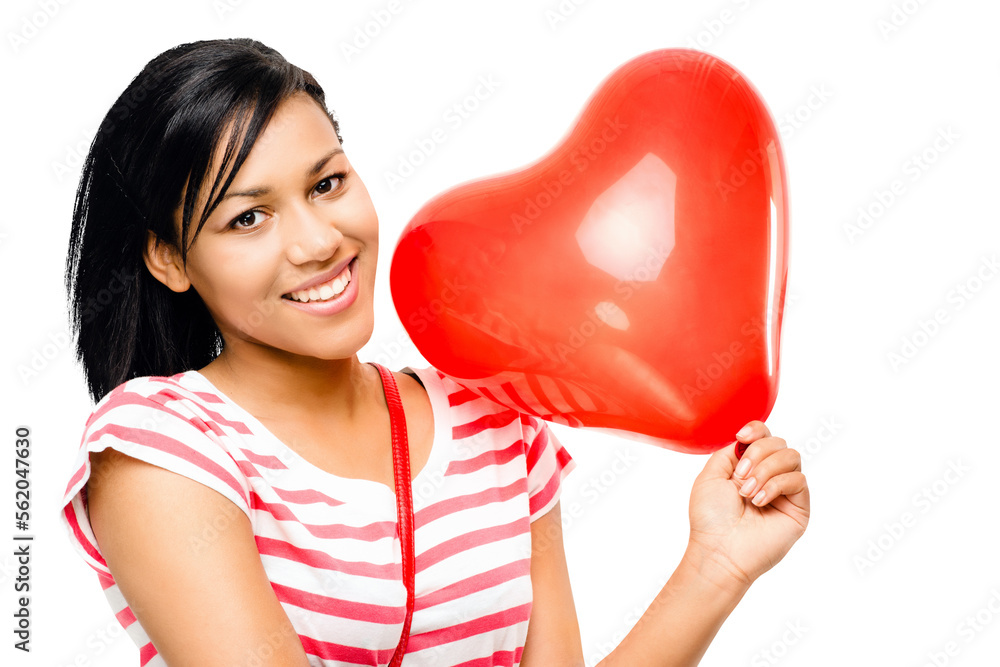 PNG of a happy young african woman holding a heart shaped balloon isolated on a PNG background.