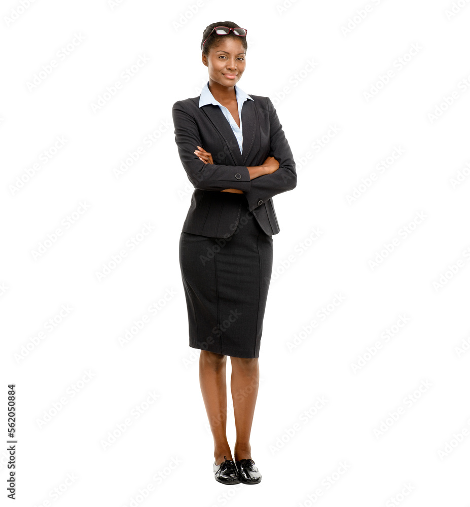 A confident young businesswoman standing isolated on a PNG background.