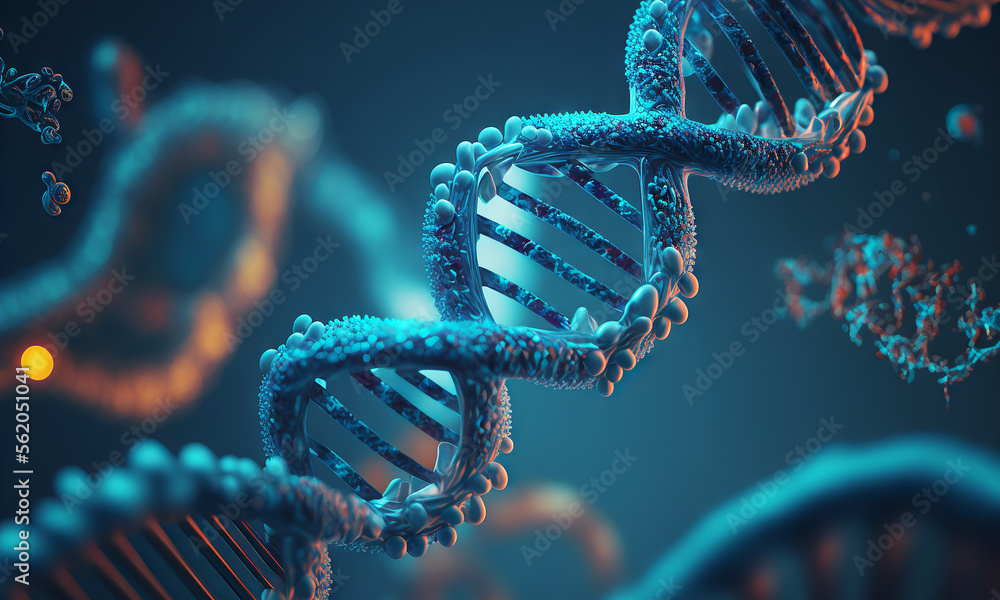 Concept of the evolution of human DNA in the distant future. View under the microscope. Blue helix b