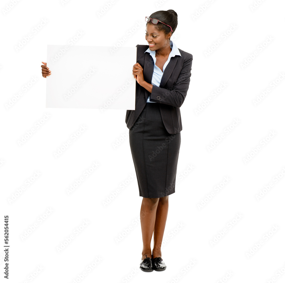 A businesswoman holding a blank sign isolated on a PNG background.