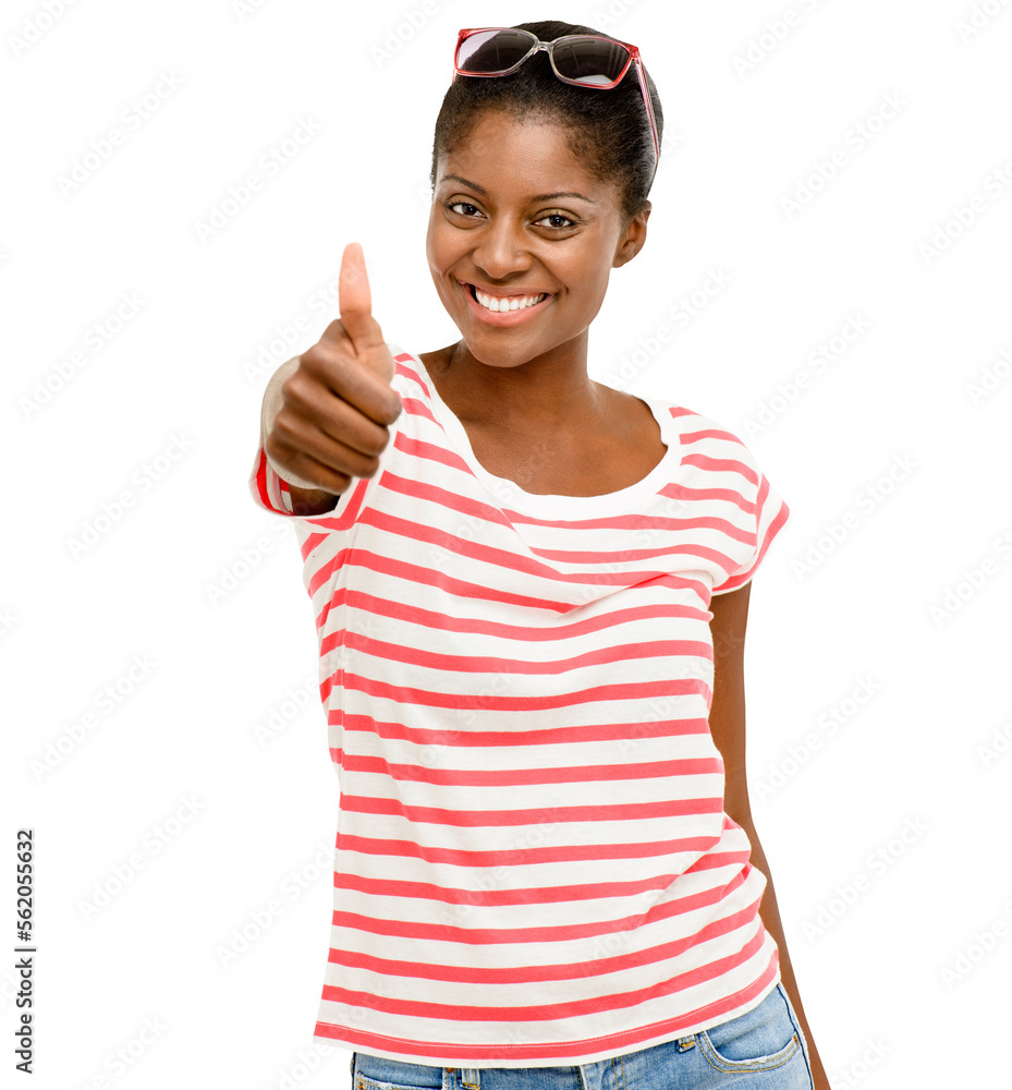 A woman showing thumbs up isolated on a PNG background.