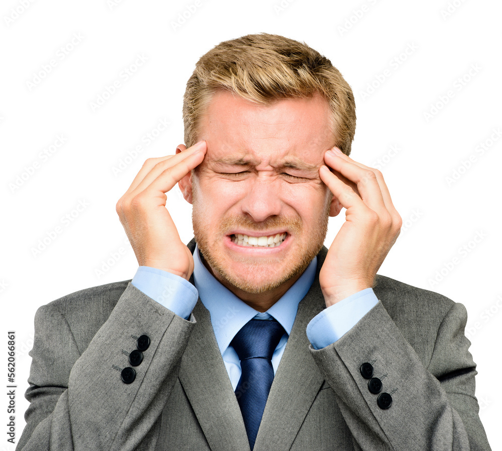 A businessman standing alone in the studio and suffering from a headache isolated on a PNG backgroun