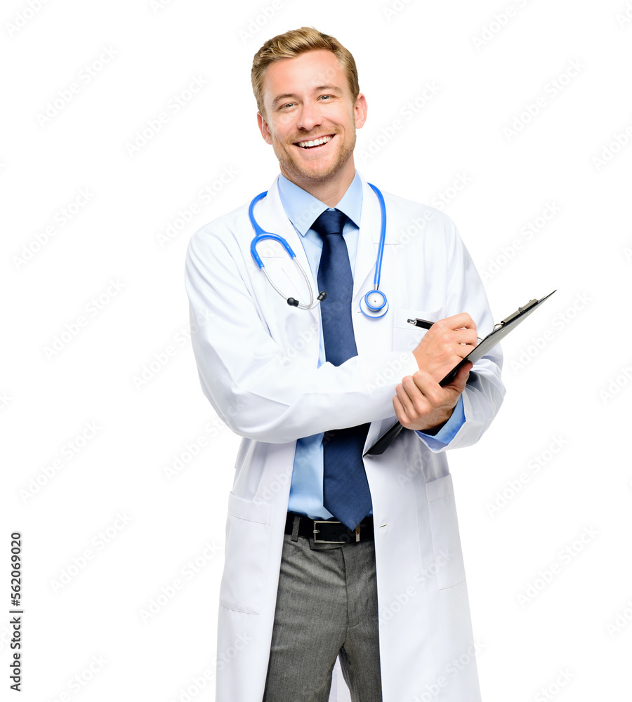 A handsome young doctor standing alone in the studio and writing on his clipboard isolated on a PNG 