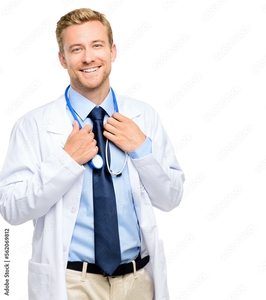 A handsome young doctor standing alone in the studio isolated on a PNG background.