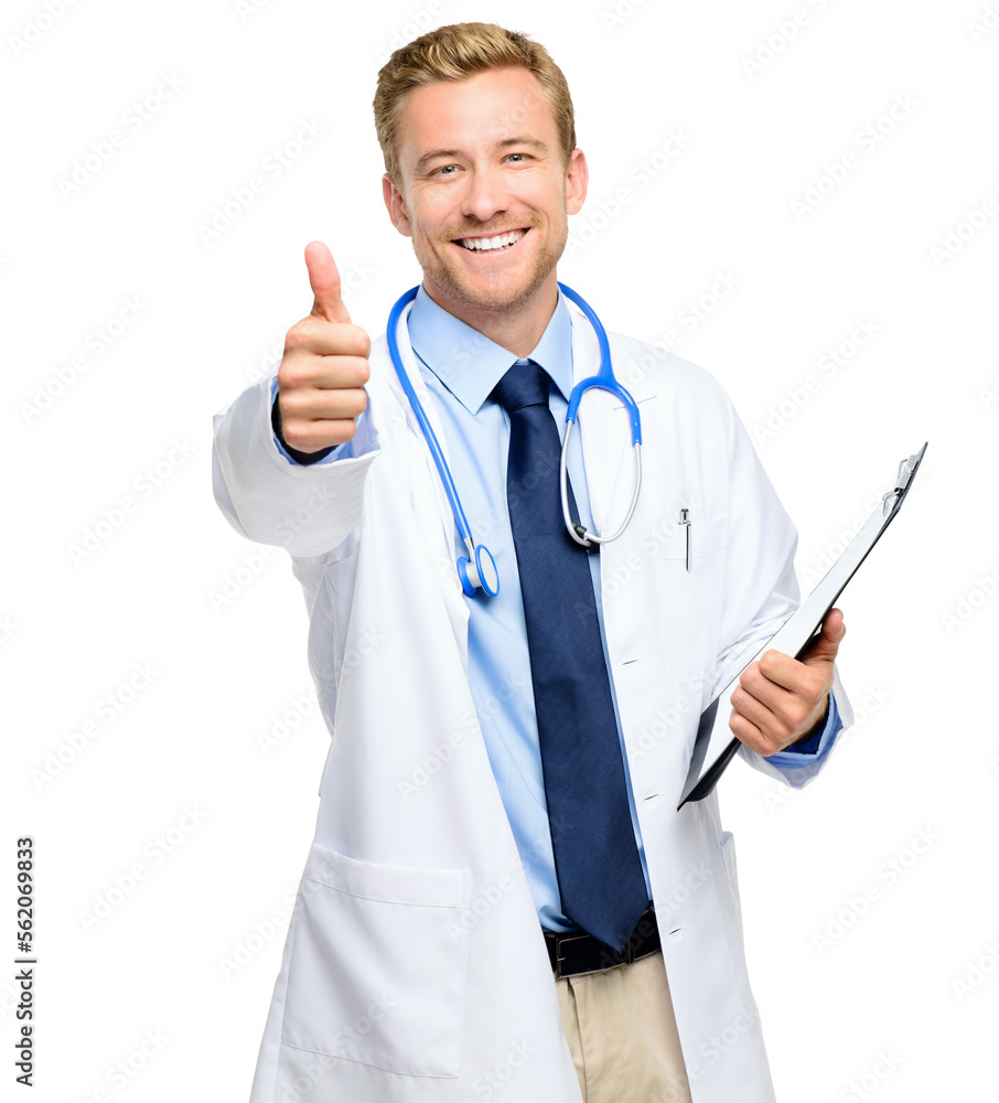 A handsome young doctor standing alone in the studio and showing a thumbs up isolated on a PNG backg