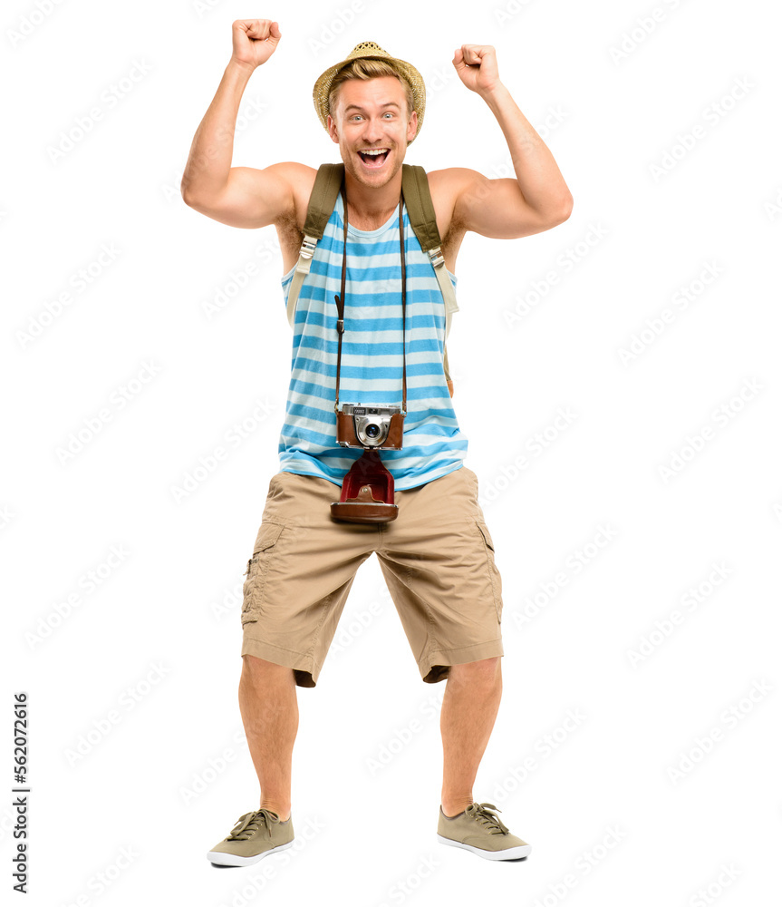 A handsome young tourist standing alone in the studio and cheering isolated on a PNG background.