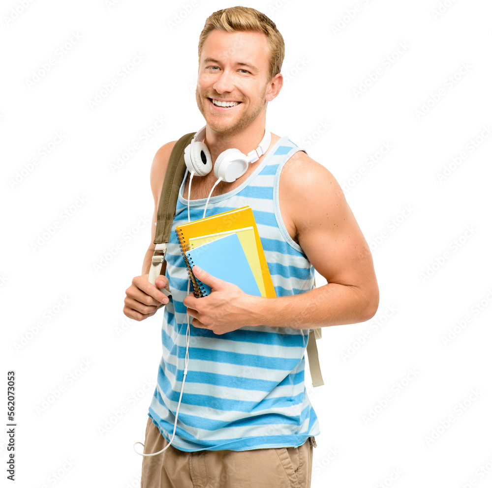 A handsome young student standing alone in the studio and carrying his textbooks isolated on a PNG b