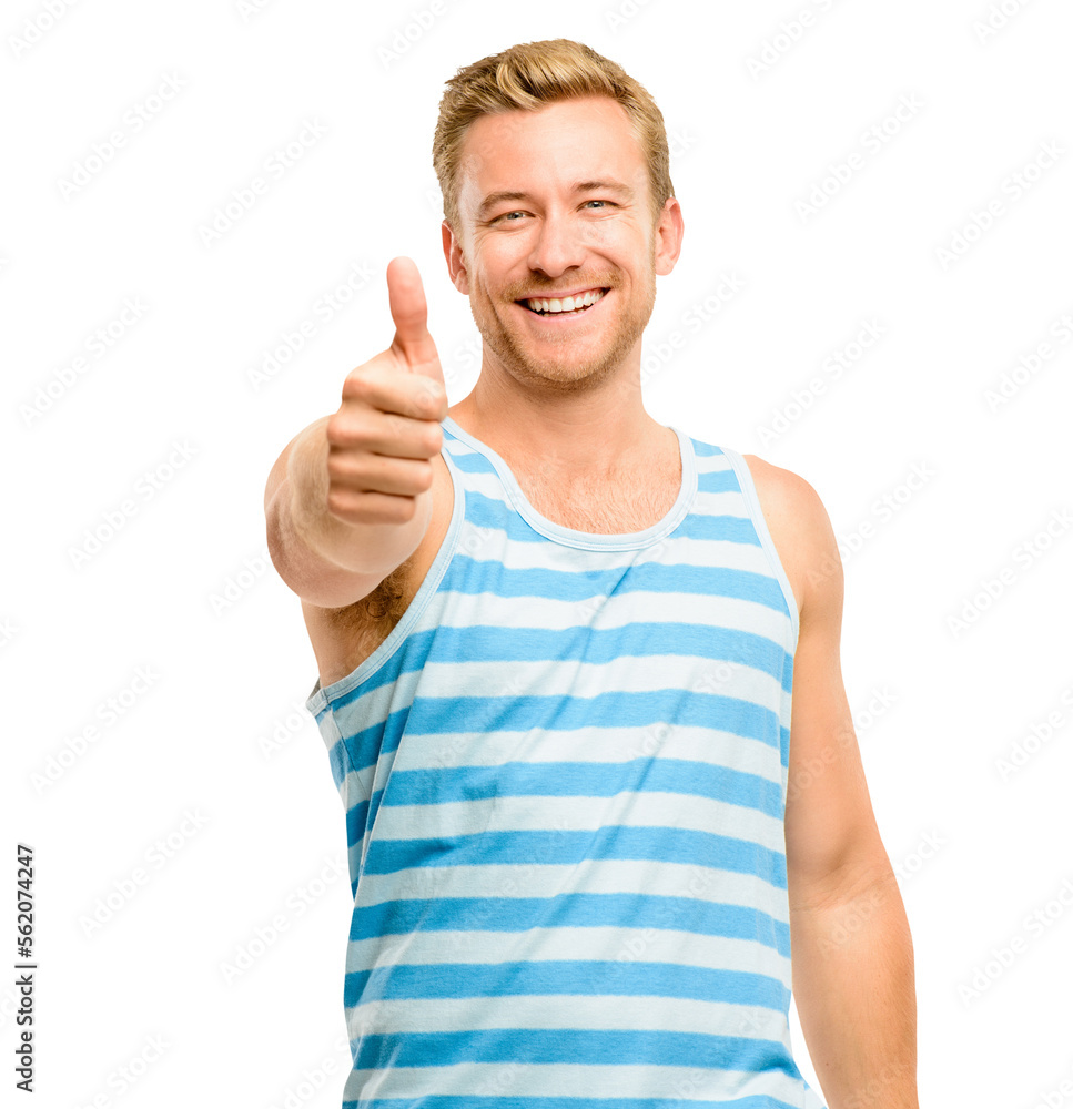 A handsome young man standing alone in the studio and showing a thumbs up isolated on a PNG backgrou