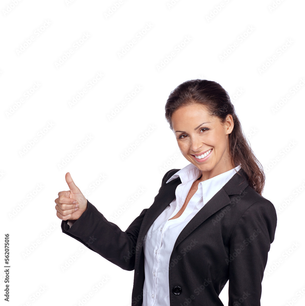 Business woman, success in portrait with thumbs up and achievement in career, winner isolated on whi