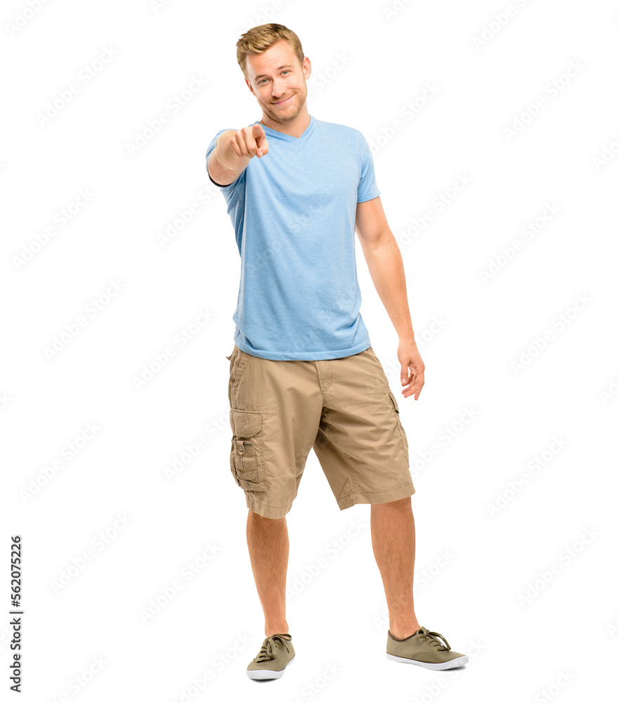 A Full length shot of a handsome young man standing alone and pointing isolated on a PNG background.