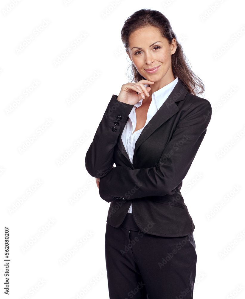 Business woman, success and lawyer smile in portrait with vision and mindset isolated on white backg