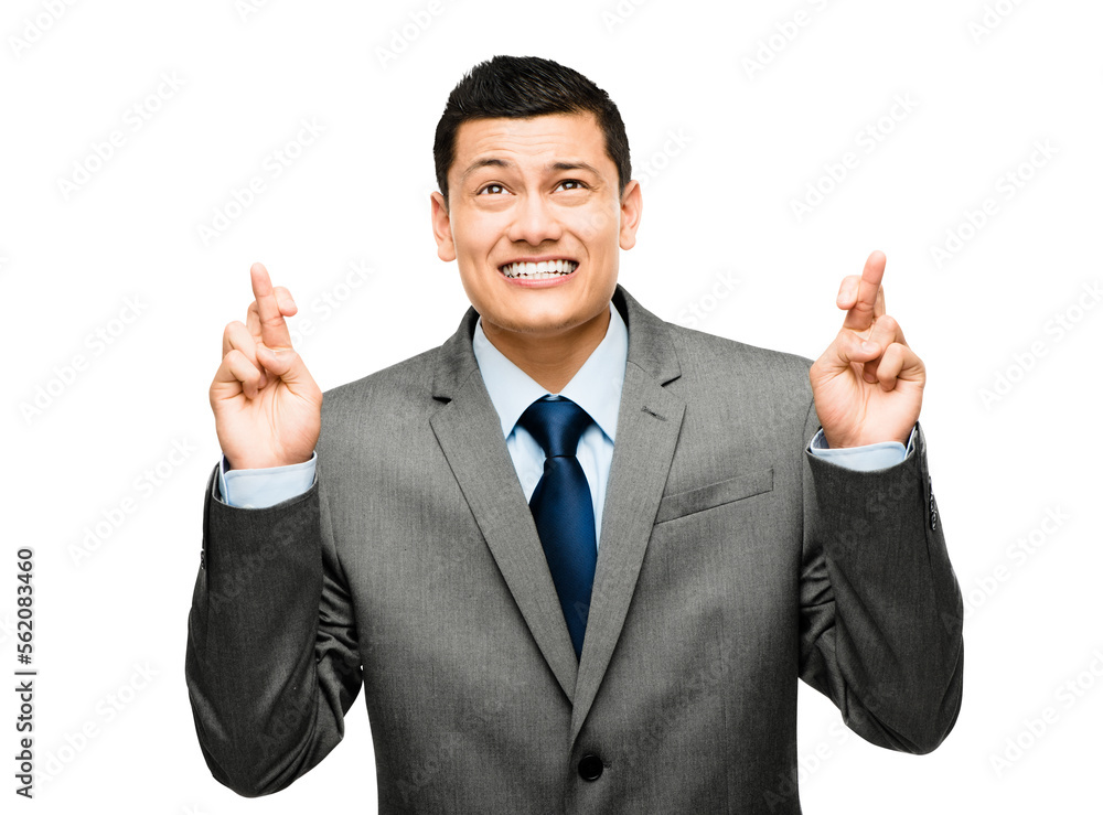 A young businessman crossing his fingers isolated on a PNG background.