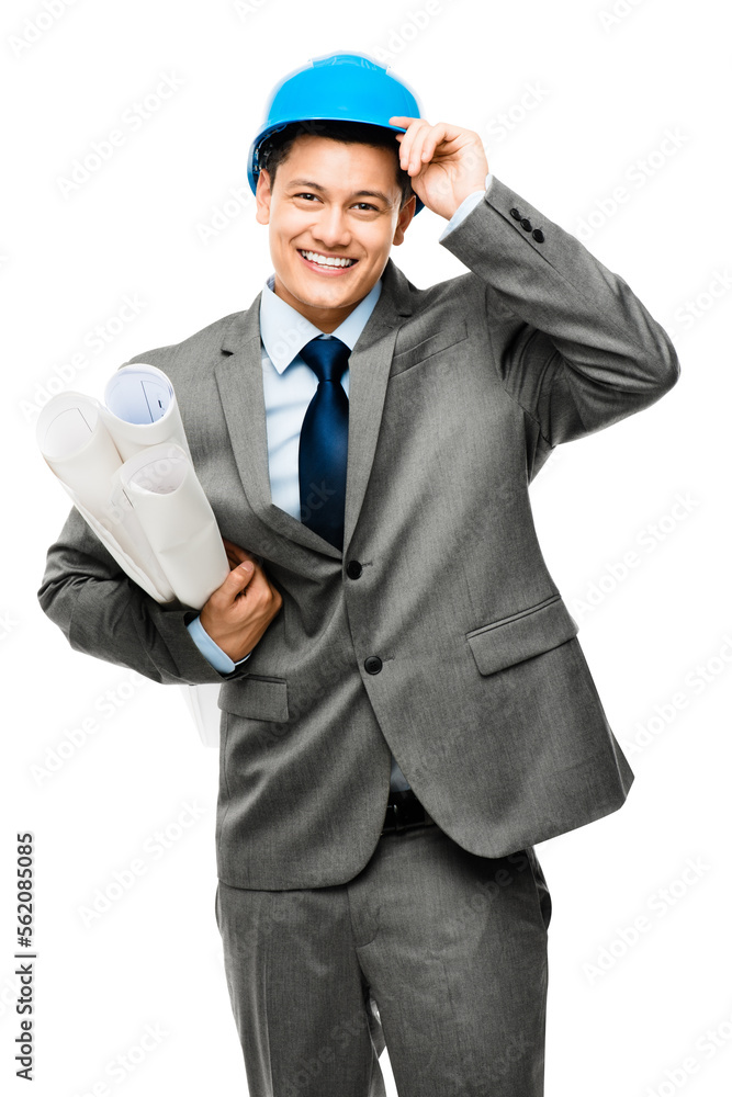 A businessman working in construction isolated on a PNG background.