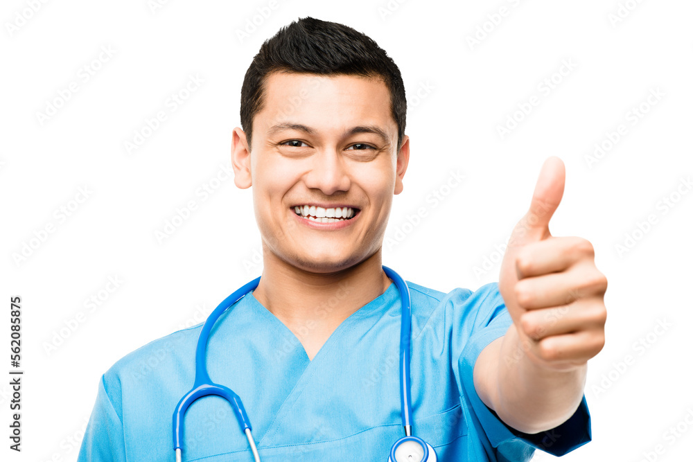 A young male nurse giving the thumbs up isolated on a PNG background.