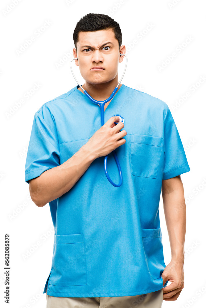 A young male nurse using his stethoscope isolated on a PNG background.