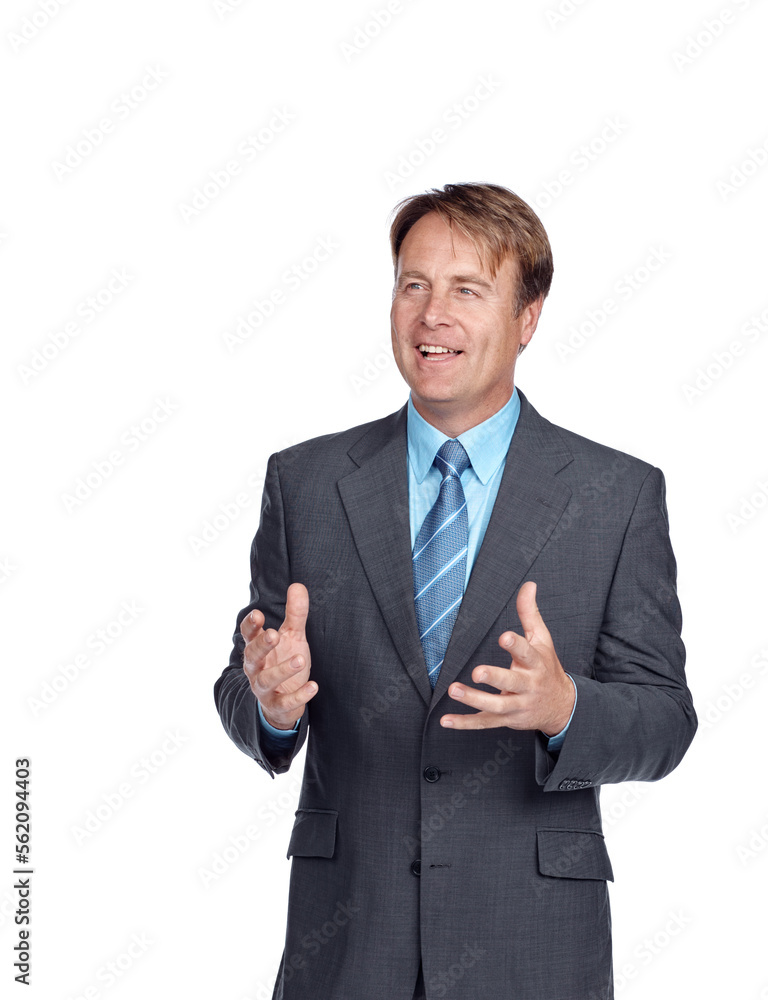 Businessman, ceo speaker and senior employee ready for a financial presentation with a smile. White 