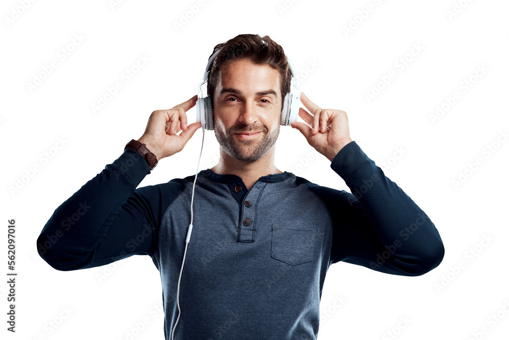 A handsome young man using headphones isolated on a PNG background.