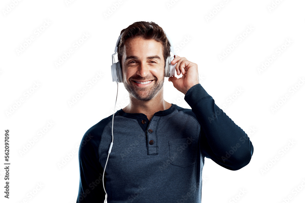 A handsome young man using headphones isolated on a PNG background.