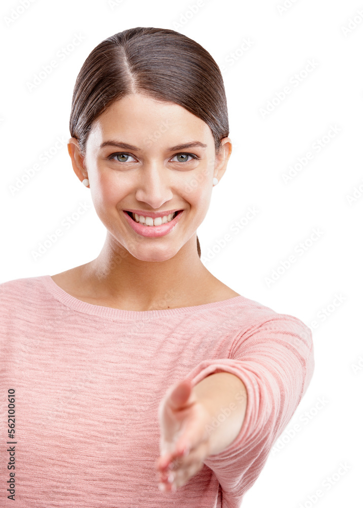 Woman, hand and portrait of a person ready for handshake agreement or deal. Smile, model face and is