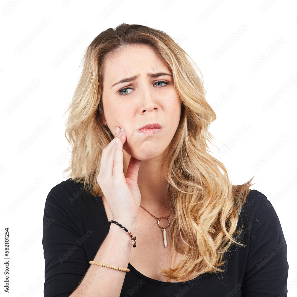 A young woman experiencing toothache isolated on a PNG background.