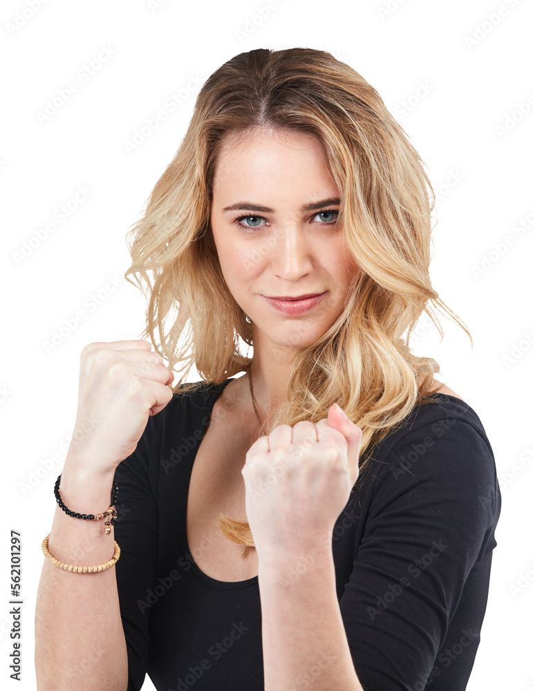 Awoman holding up her fist isolated on a PNG background.