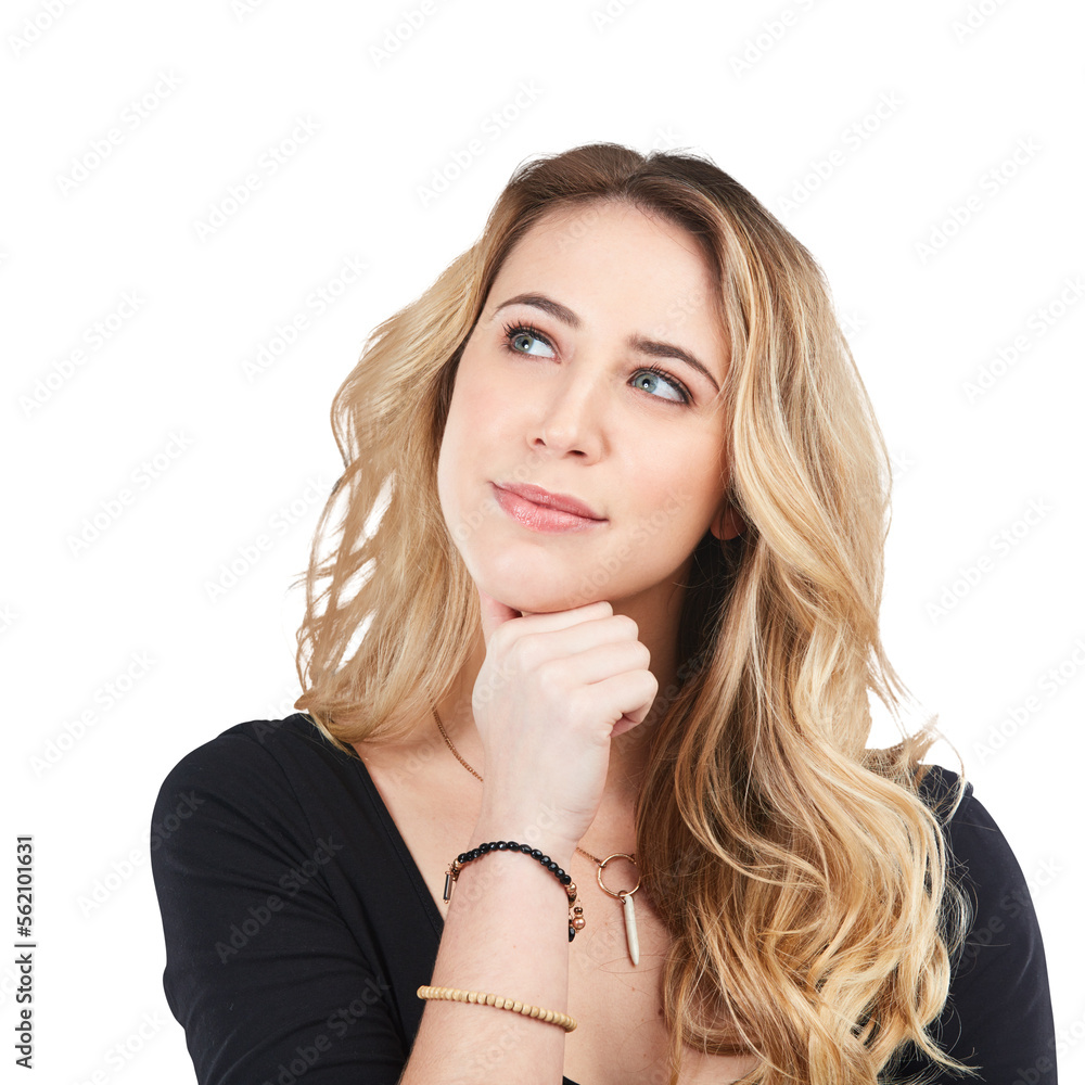 A young woman looking thoughtful isolated on a PNG background.