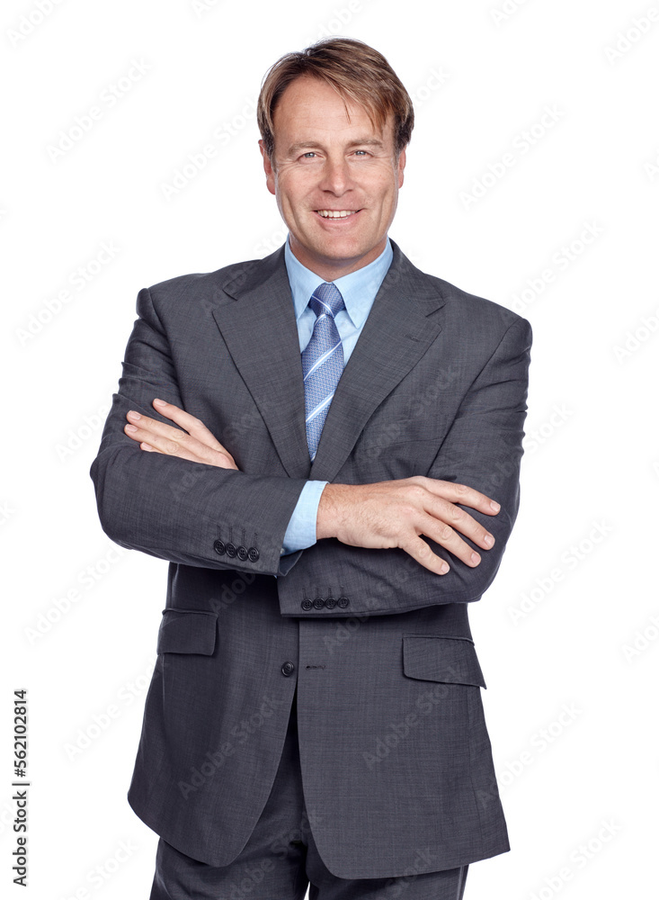 Businessman, studio portrait and suit with arms crossed, smile or leadership success by white backgr