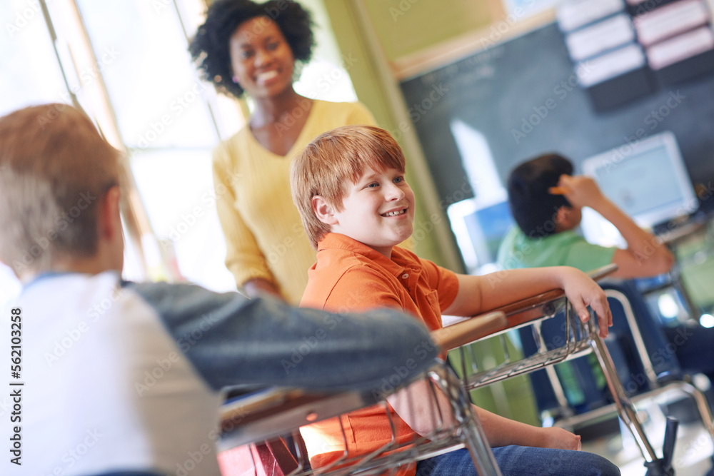 School, education and children in classroom with teacher enjoying lesson, learning and academic acti