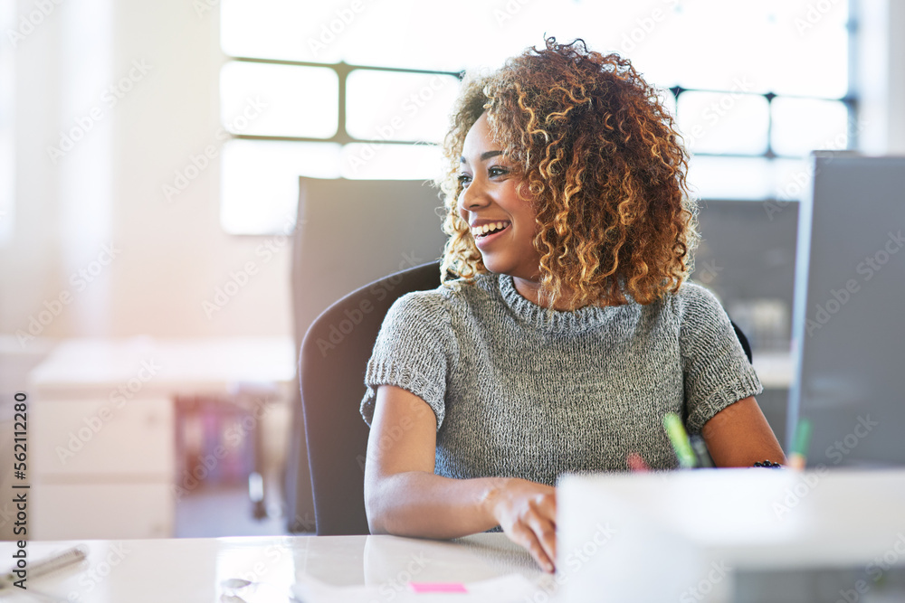 Thinking, working and motivation with a business black woman sitting her desk in the company office.