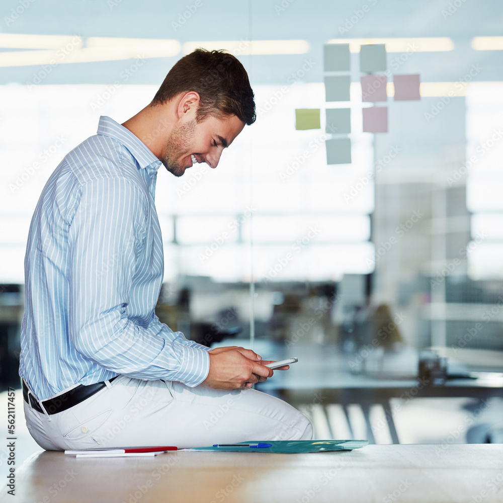 Phone, office and business man on desk typing, texting or social media. Cellphone, break and happy m