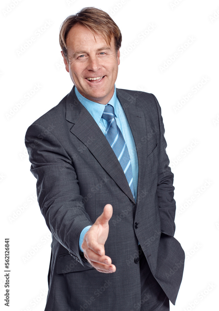 Studio portrait, businessman and hand shake with suit, focus and deal in leadership by white backgro