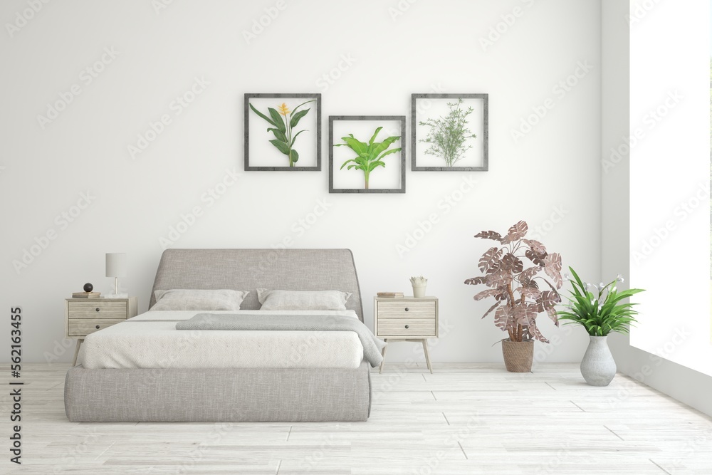 White bedroom interior. Scandinavian design. 3D illustration