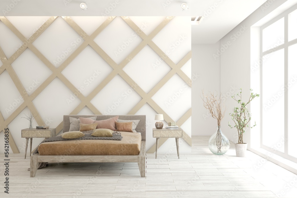 White bedroom interior. Scandinavian design. 3D illustration